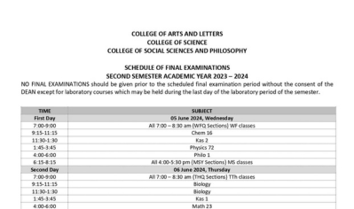 SCHEDULE OF FINAL EXAMINATIONS SECOND SEMESTER AY 2023-2024