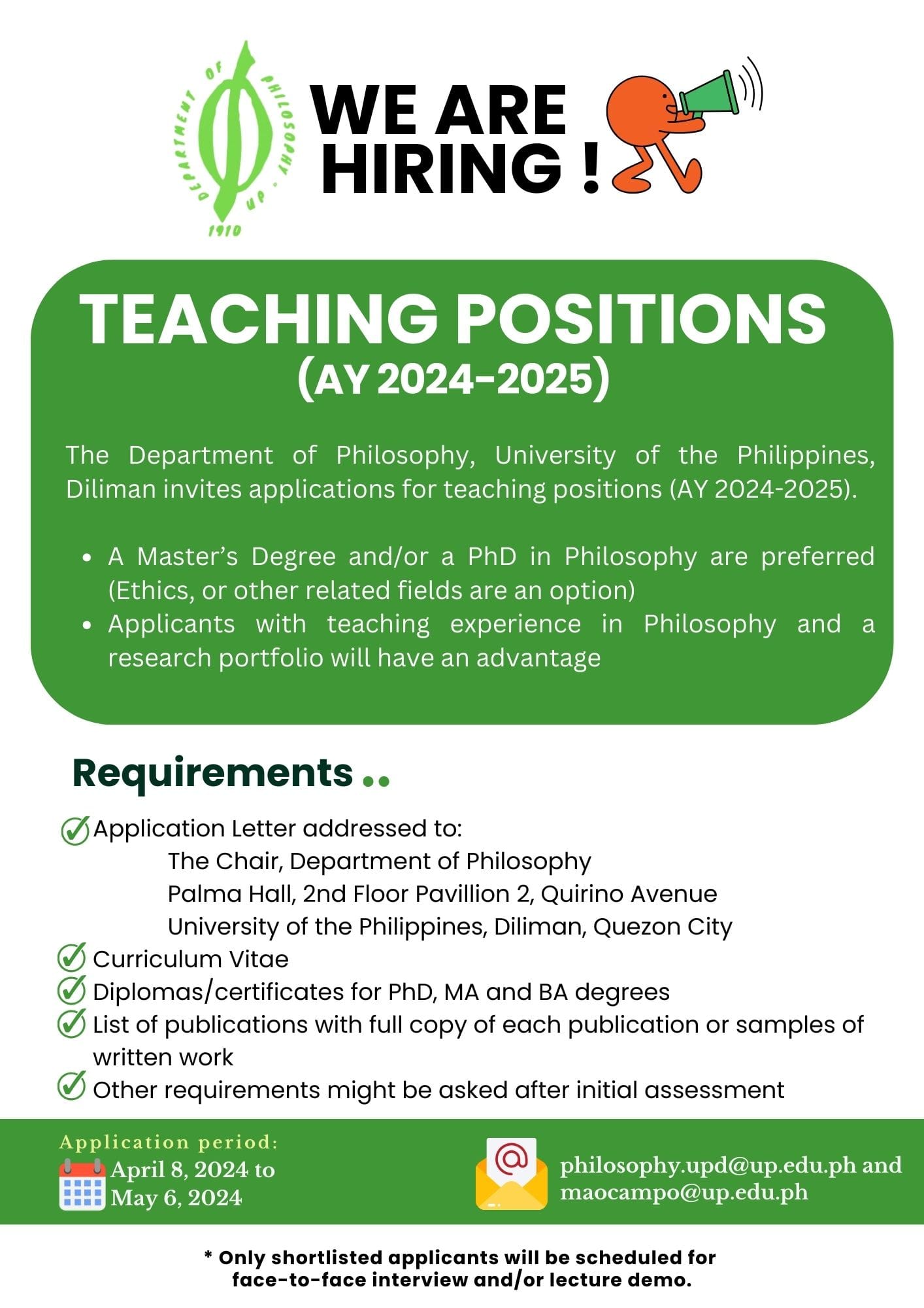 CALL FOR APPLICATIONS: Teaching Positions at UP Department of Philosophy