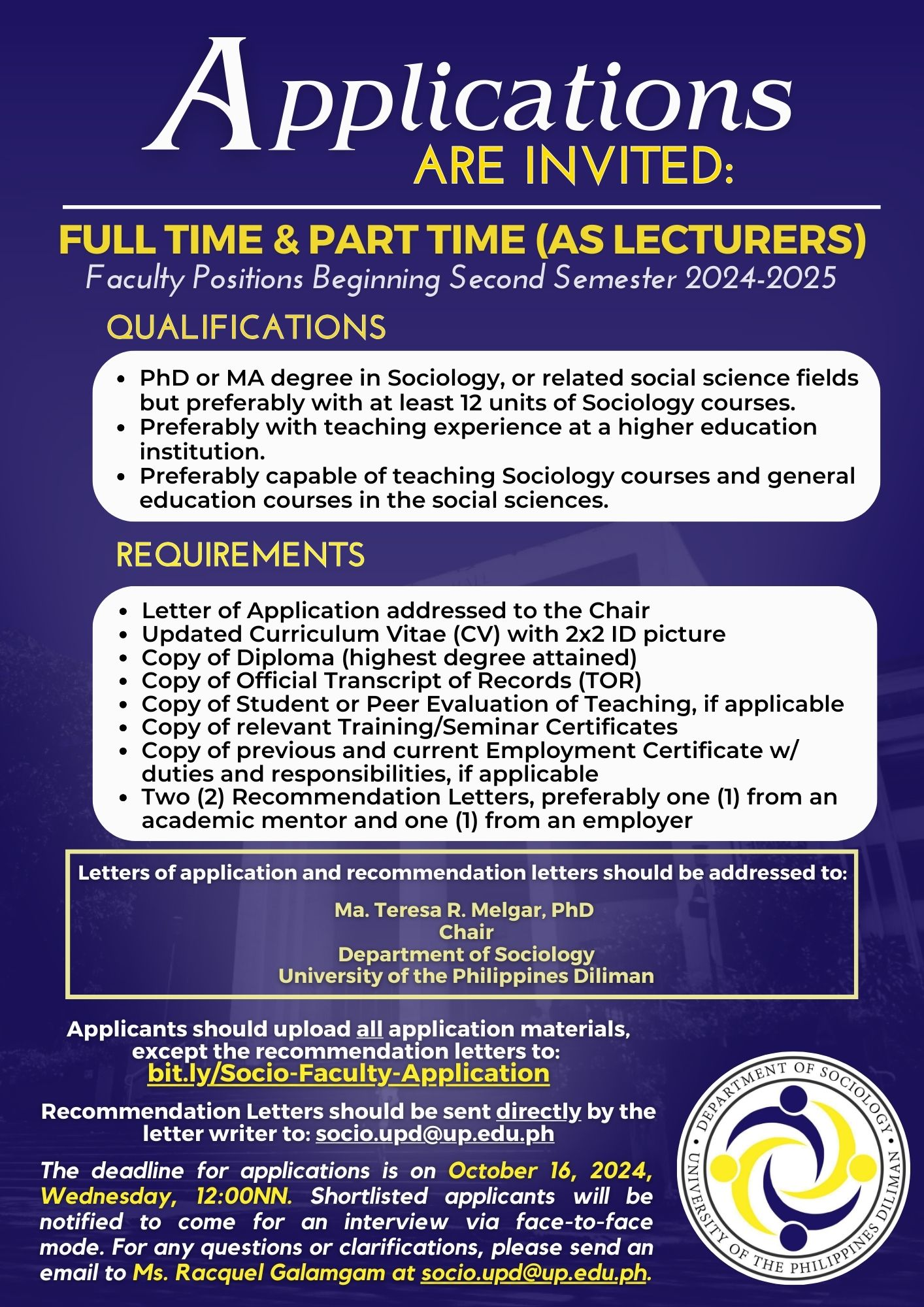 FACULTY VACANCY, 2ND SEMESTER AY 2024-2025: Department of Sociology