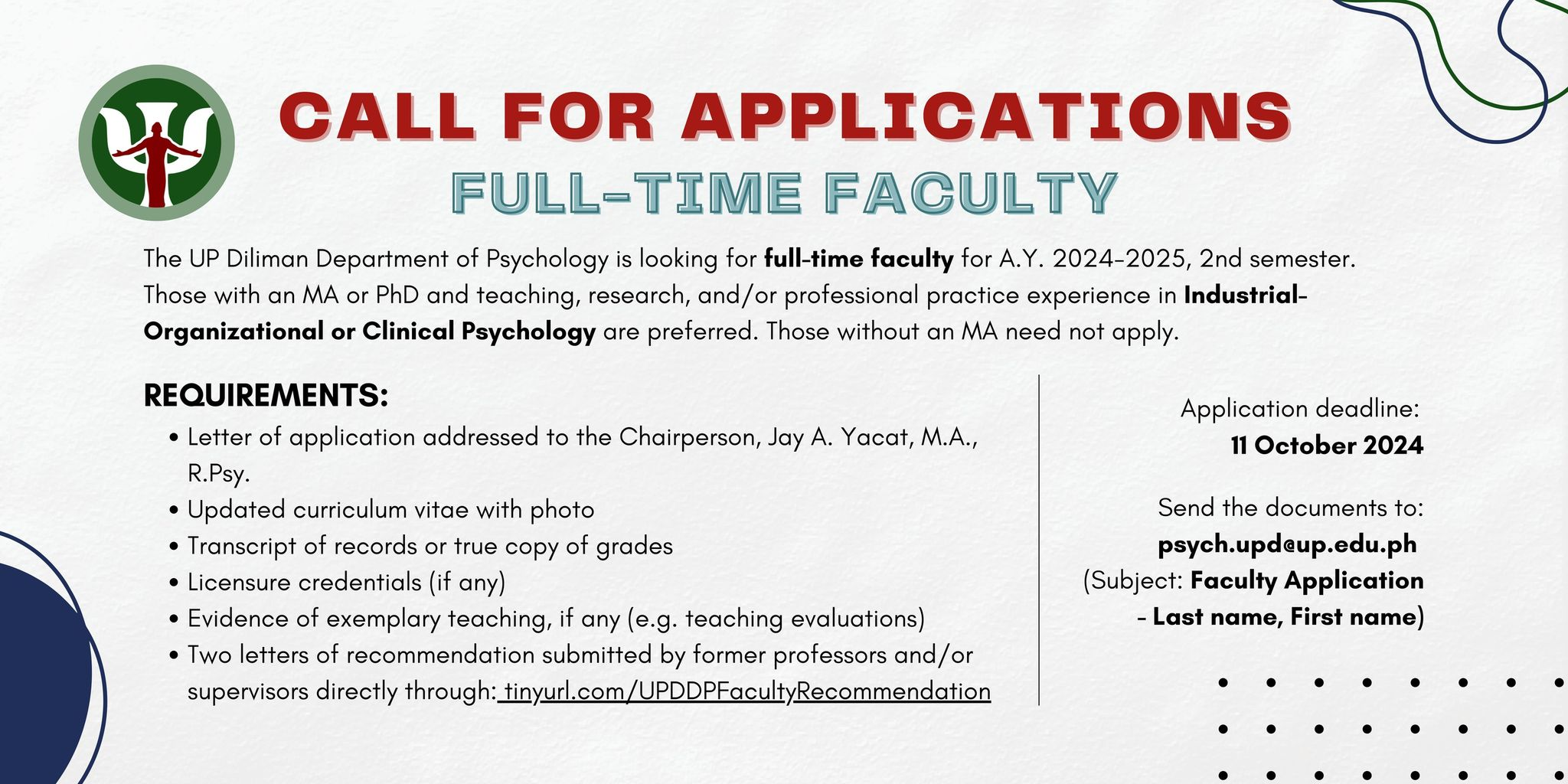 FACULTY VACANCY, 2ND SEMESTER AY 2024-2025: Department of Psychology